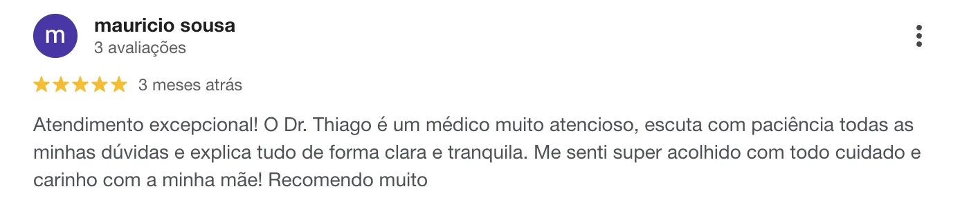 Avaliação 8 no Google sobre o Dr. Thiago