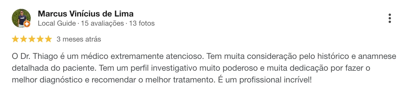 Avaliação 5 no Google sobre o Dr. Thiago