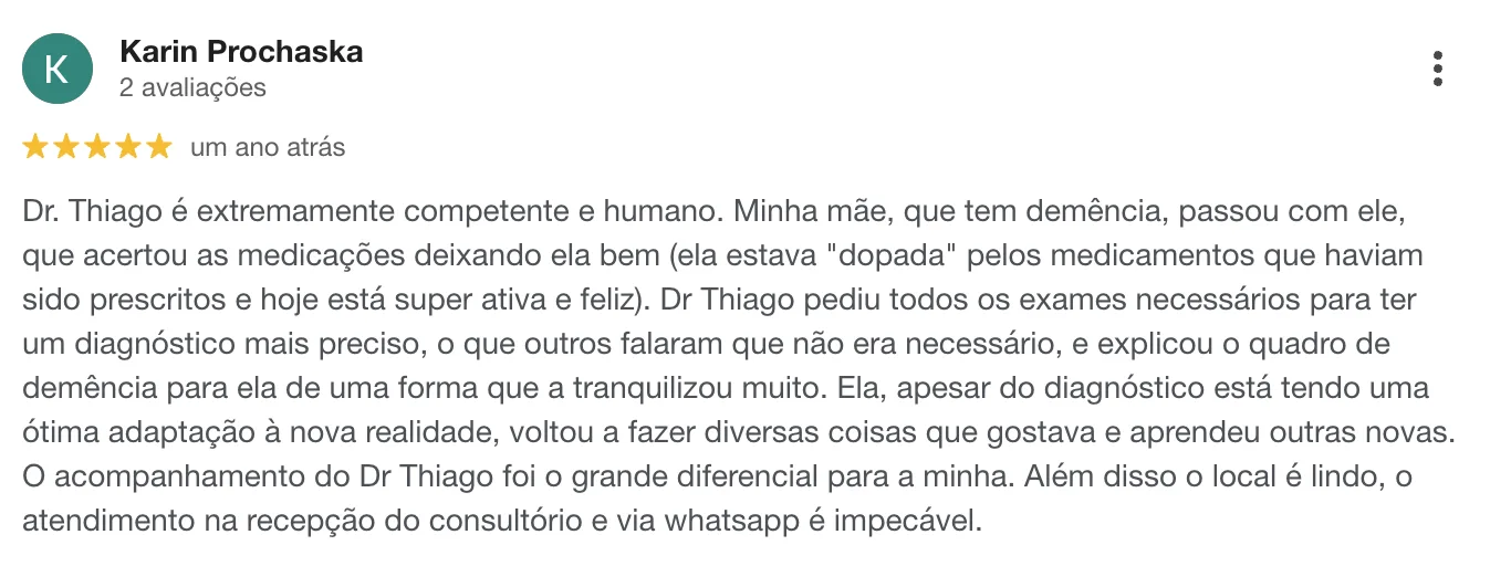 Avaliação 1 no Google sobre o Dr. Thiago