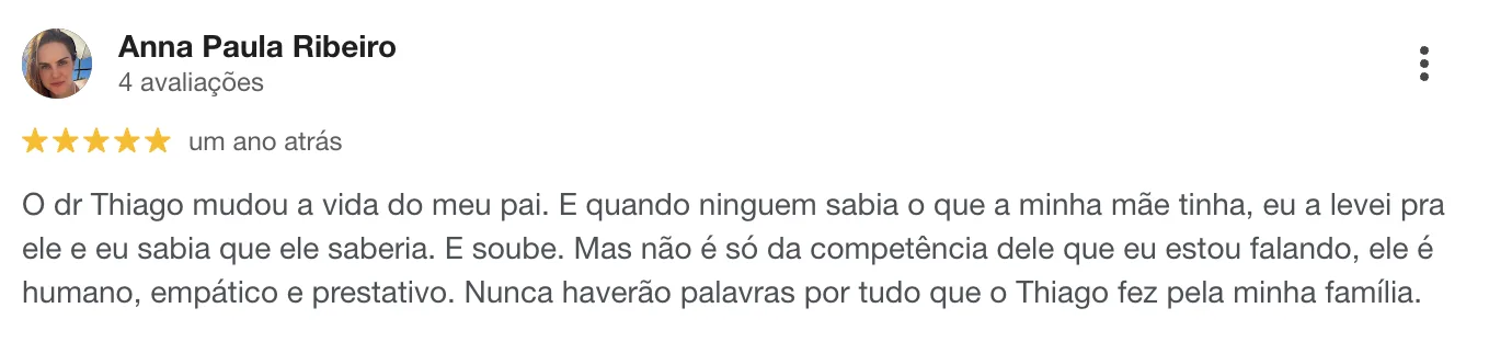 Avaliação 6 no Google sobre o Dr. Thiago